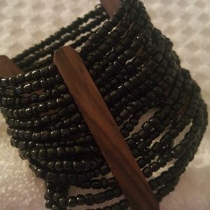 Black Bead & Wood Bracelet